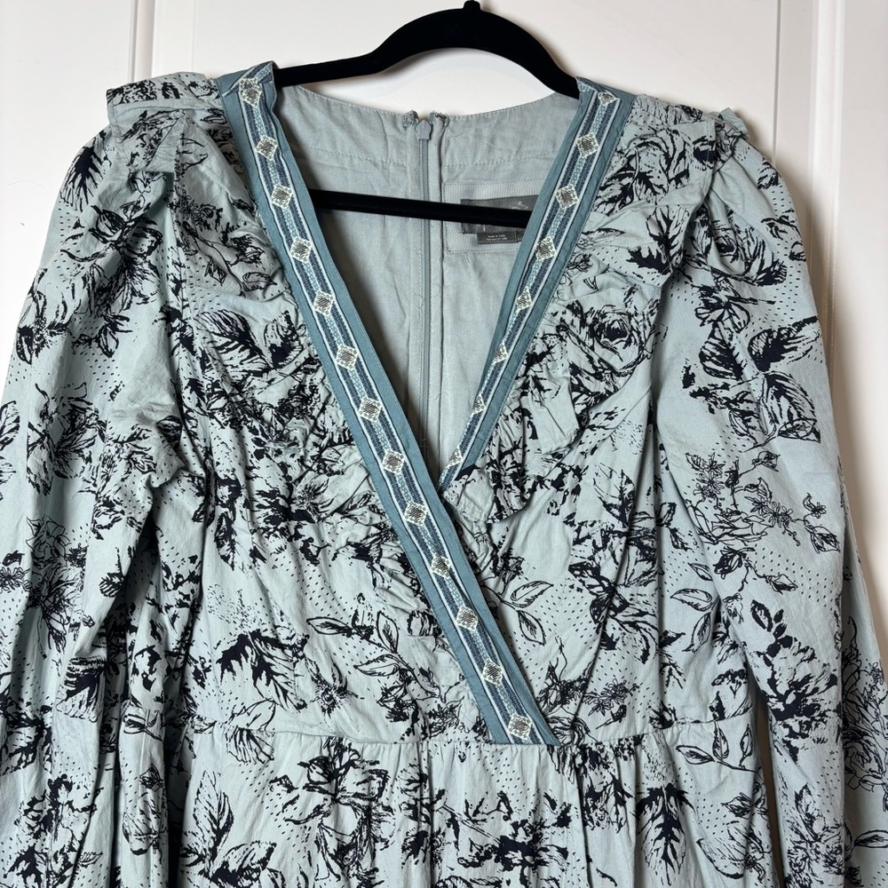 Anthropologie ruffle floral mini wrap dress large blue *missing belt - Picture 6 of 16